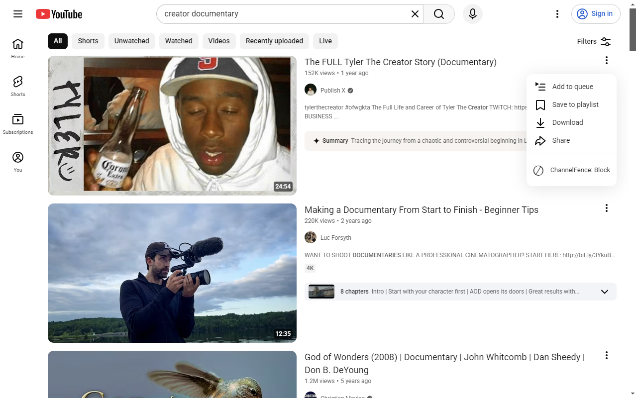 ChannelFence Block action inside a YouTube video menu