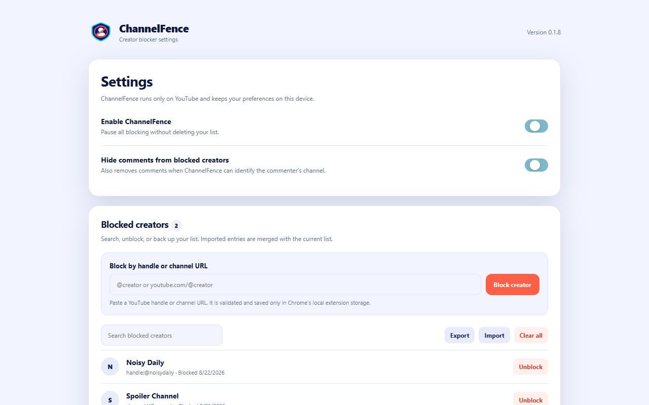ChannelFence settings and private creator block list