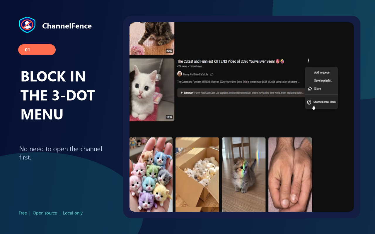 ChannelFence block action inside a YouTube video's three-dot menu