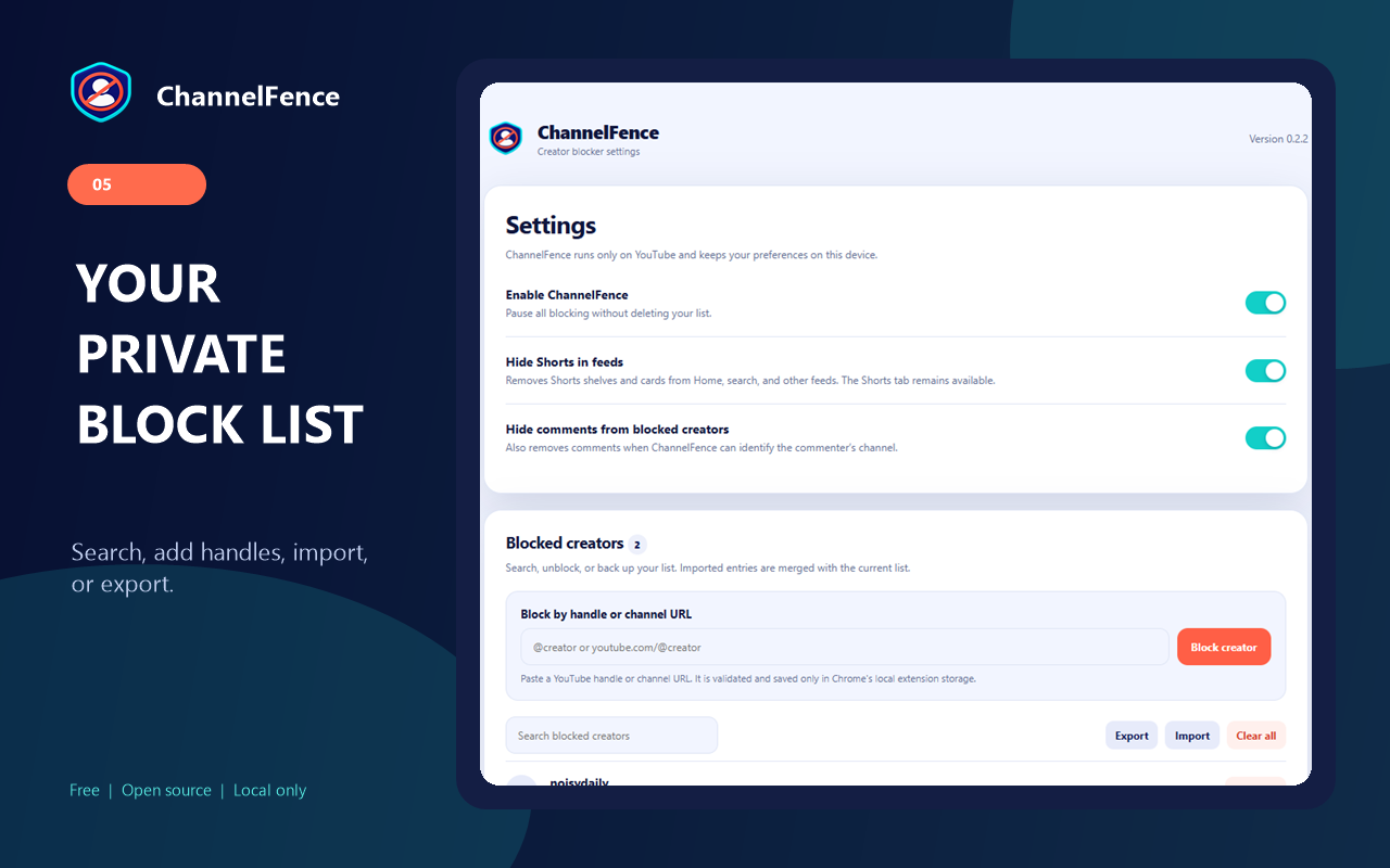 ChannelFence settings and private creator block list